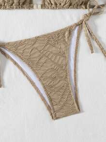 Swim Vcay 2 件套纹理吊带露背短款上衣和侧带下装性感比基尼套装，夏季 - 卡其色 - 查看 7