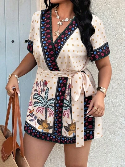 Breezaya Plus Size Women Palm Tree Print Short Sleeve Casual Jumpsuit