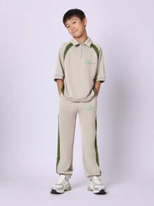 SUMWON 运动休闲两件套运动服套装半拉链 Polo 领运动衫慢跑裤搭配撞色侧板运动训练休闲装春秋冬 - 彩色 - 查看 1