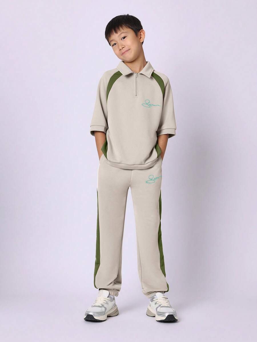 SUMWON 运动休闲两件套运动服套装半拉链 Polo 领运动衫慢跑裤搭配撞色侧板运动训练休闲装春秋冬 - 彩色 - 查看 1