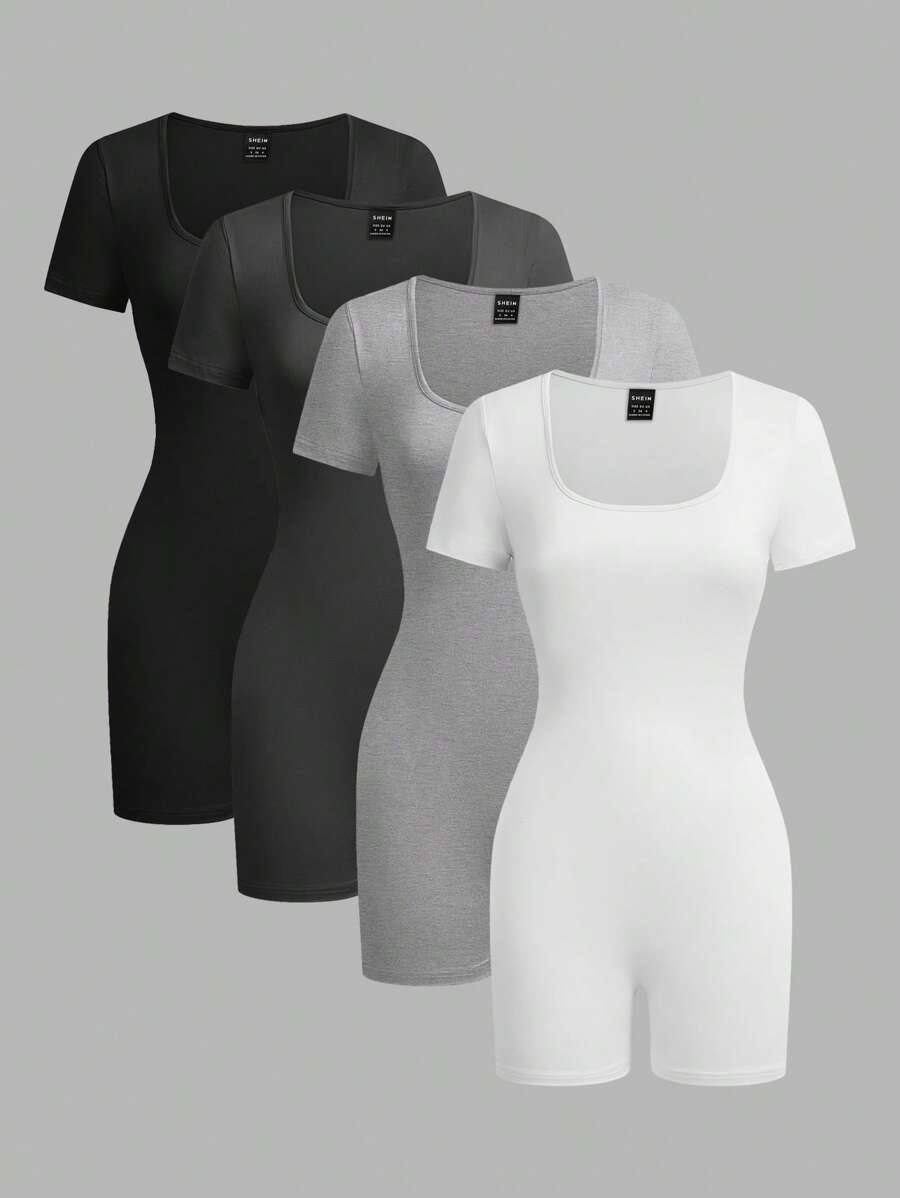 SHEIN EZwear 4 bộ đồ liền thân bó sát cổ tròn tay ngắn cho nữ, phù hợp cho mùa hè - Nhiều màu - Xem 1