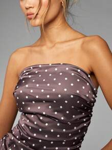 MISSGUIDED Strapless Ruched Polka Dot Mini Party Dress Bandeau Puff Ball Dress With Gathered Bodice Holiday Dance Special Occasion Dress - Brown - View 3