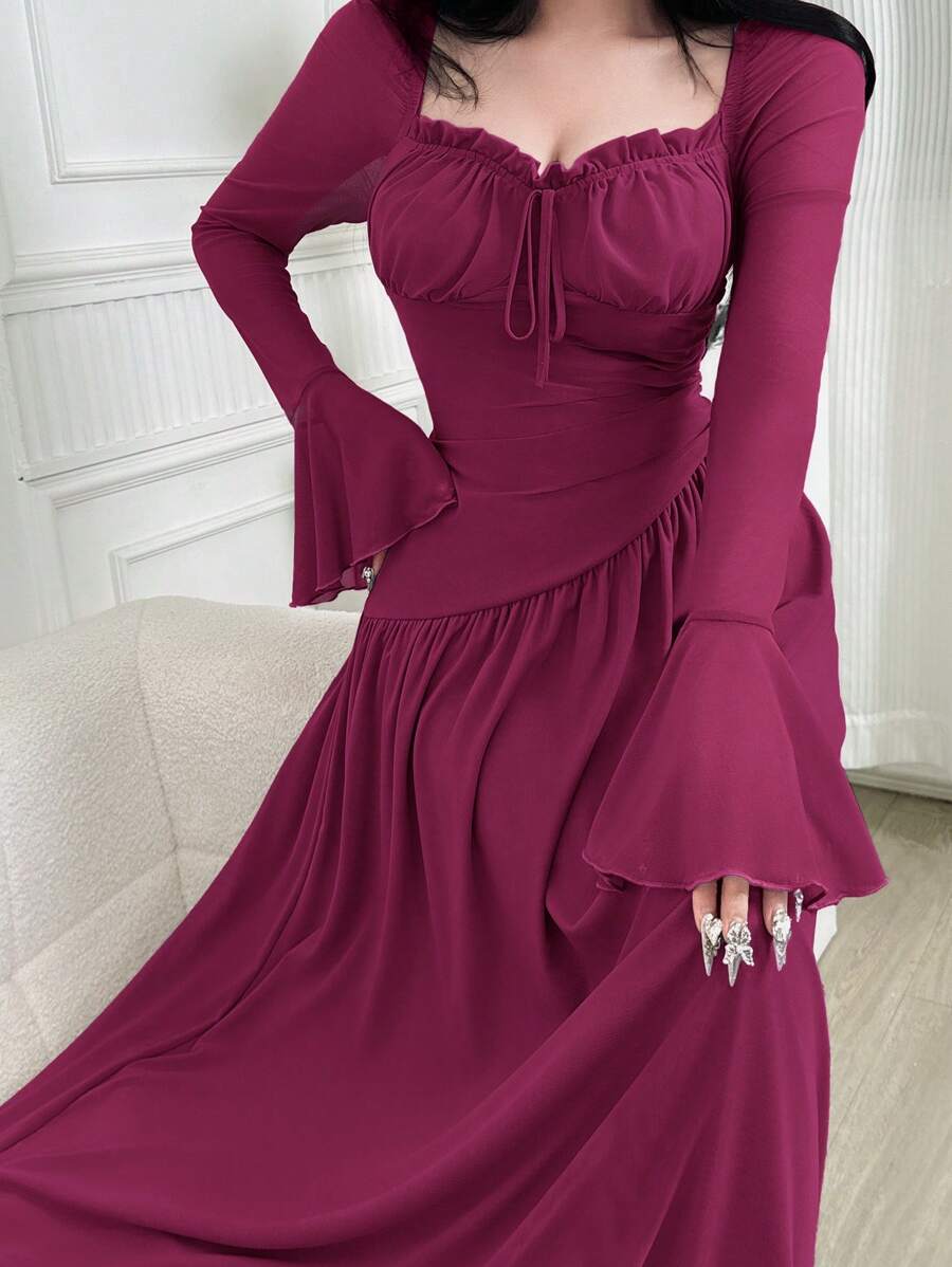 Modelyn Vestido feminino cor sólida bordô decote coração manga flare, elegante - Violeta vermelha - Ver 1