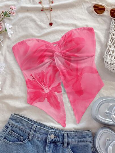 Soleia Blusa de estampado tropical naranja de flores y hibiscos con dobladillo asimétrico retorcido, adecuada para vacaciones de primavera/verano