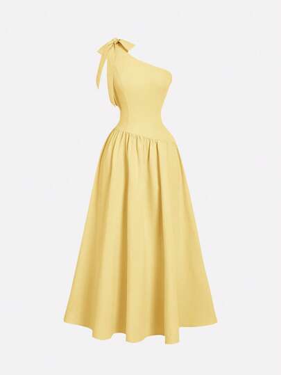 SHEIN MOD Asymmetric Shoulder-Tie Bow Decor Yellow Dress, Suitable For Vacation, Casual Wear, Wedding Season,Butter Yellow,Bohemia