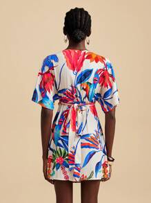 Travachic Off-White Tropical Print Twist Cut-Out Beach Holiday Mini Dress For Women,Summer Boho Beach Vacation Holiday Summer Outfits,Concert Outfit - Multicolor - View 2