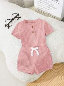SHEIN Newborn Baby 2pcs/Set Soft Comfy Short Sleeve Bodysuit And Shorts Set - Baby Pink - View 6