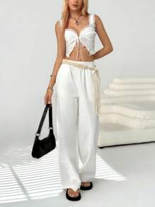 SHEIN EZwear Women's Summer Casual, White Holiday Casual Retro Western, Braided Belt, Loose Casual Trousers, Free Belt