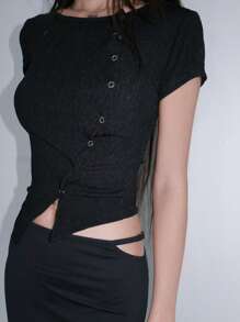 DAZY Áo thun nữ tay ngắn dáng ôm màu trơn thường ngày có vạt chéo Y2k - màu đen - Xem 2