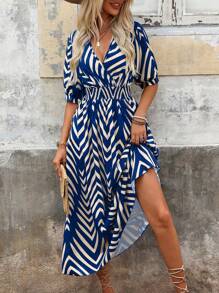 SHEIN Clasi Women's Contrast Color Geometric Print Cinched Waist Ruched Waist Flowy Dress For Commute And Vacation, Bohemian Style - Royal Blue - View 3