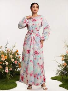 Graceveil Robe femme à manches lanternes avec col rond, à taille croisée, style arabe, pour le printemps/l'été