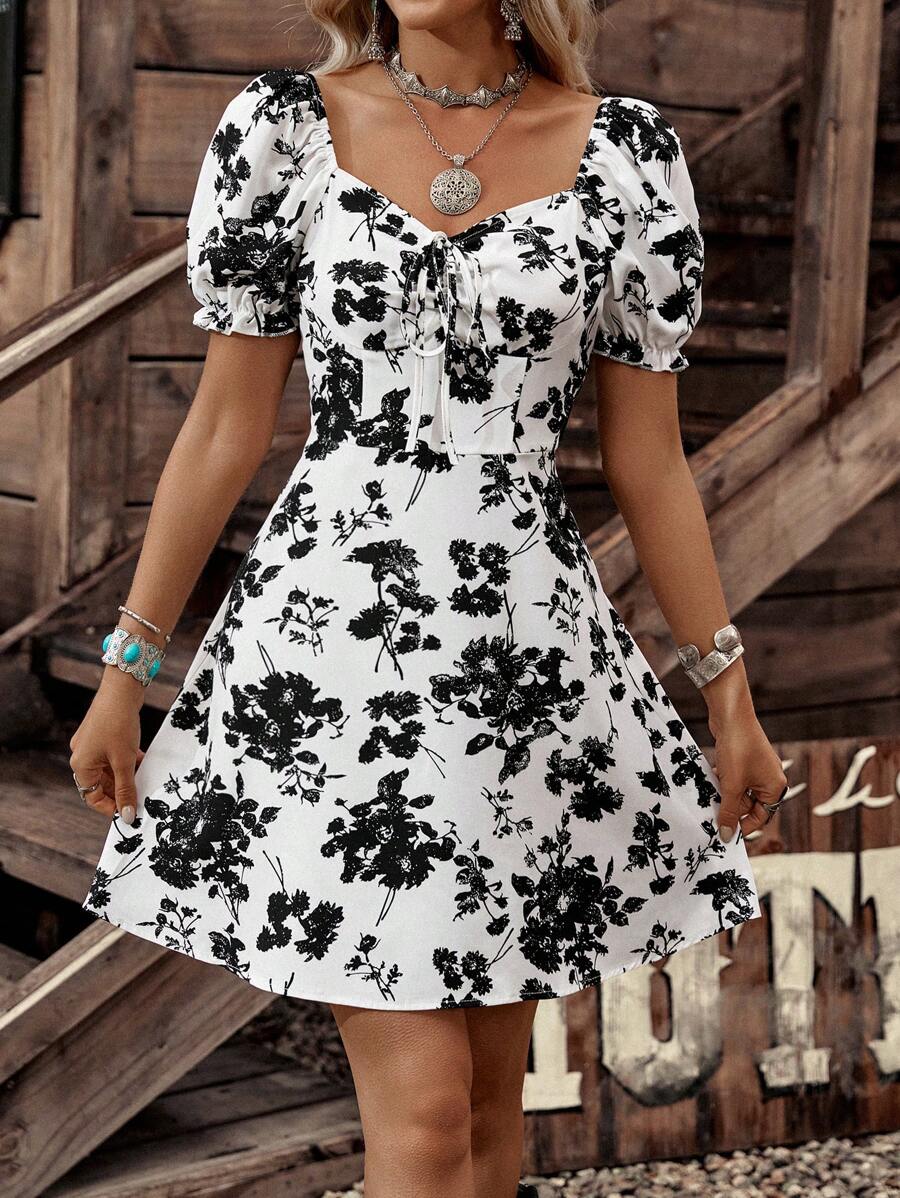 LanaWest Vestido mini de manga abullonada con estampado floral y nudo delantero, estilo vacacional para mujer - Blanco y Negro - Ver 1