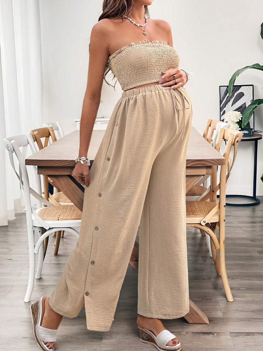 SHEIN 2pcs/Set Maternity Solid Strapless Top And Pants, Casual & Stylish For Daily Wear - Khaki - View 1
