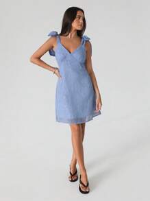 Roylia Women's Blue Short V-Neck Tied Mesh Fitted Knit Casual Vacation Dress, Fashionable - Blue - View 4