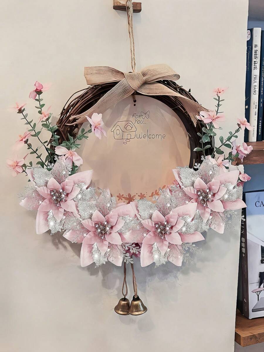 10 件粉色一品红人造发光红色圣诞花带闪光，适用于圣诞树花环花环家庭派对节日婚礼冬季装饰节日 DIY 工艺品季节性 - 粉色 - 查看 1