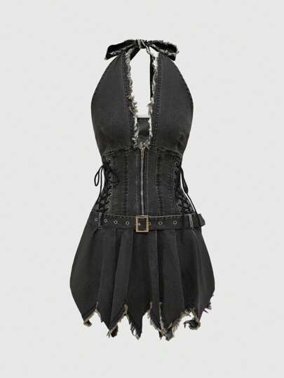 Grunge Punk Y2K Western Retro Distressed Fitted Halter Backless Asymmetrical Hem Denim Bodycon Dress For Women
