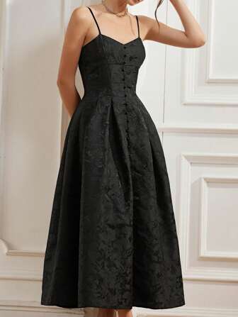 Aveloria Rosie 优雅花卉纹理提花细肩带 A 字形连衣裙，腰部褶皱，飘逸