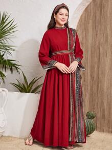 SHEIN Teen Girl's Red Stand Collar Loose Elegant Long Dress, Flared Sleeves, Woven Fabric Contrast Geometric Print, Cinched Waist Waist, Suitable For Eid, National Day, Eid Al-Fitr, Eid Al-Adha Dress