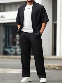 Manfinity Homme Set de 2 piezas de camisa de manga corta y pantalones de unicolor para hombres de talla grande, conjunto cómodo