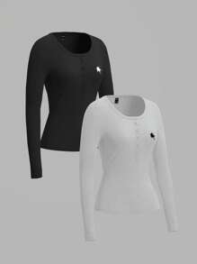 SHEIN EZwear Two-Piece Set Horse Pattern Knitted Long Sleeve T-Shirt, Suitable For Spring And Summer Autumn And Winter