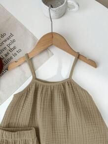 SHEIN LMoss Kids 2pcs Young Girls Summer Casual Loose Spaghetti Strap Camisole And Pleated Hem Shorts Set - Grey - View 4