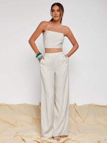 COSMINA Women's Vacation Casual Solid Color Backless Halter Top & Long Pants 2 Pieces Set - Beige - View 5