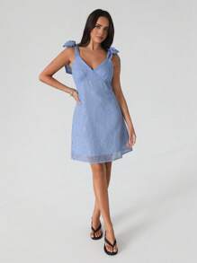 Roylia Women's Blue Short V-Neck Tied Mesh Fitted Knit Casual Vacation Dress, Fashionable - Blue - View 1