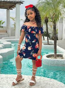 SHEIN Tween Girl Elegant Versatile Flower Print Off Shoulder Ruffle Hem Snug Fit Dress - Navy Blue - View 6