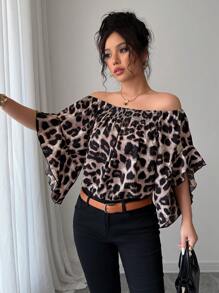 Rafferiza Blusa de moda con manga de campana y hombros descubiertos con estampado de leopardo - Multicolor - Ver 3