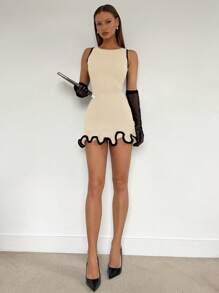 Siren Gaze 女式针织迷你连衣裙，适合休闲家居服或夜间外出，合身、舒适、迷人、优雅的黑色连衣裙 - 杏色 - 查看 5