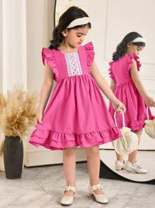 SHEIN Leap Crew Young Girl's Fashionable Woven Solid Color Round Neck Ruffle Hem Fitted Dress - Hot Pink - View 5