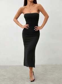 SHEIN PETITE Style Gradient Mesh Strapless Bodycon Dress - Black - View 6