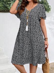 EMERY ROSE 大码女式夏季碎花荷叶边袖节日连衣裙 - 黑色 - 查看 4