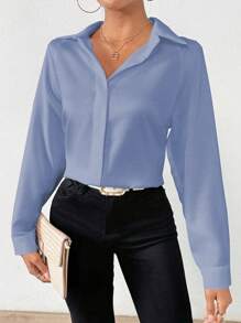 Chiquease Camisa casual/de oficina para mujer de un solo botonadura de manga larga y unicolor