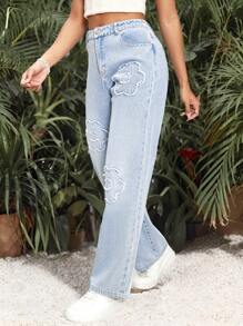 Breezaya Women's Floral Pattern Pockets Frayed Hem Straight Loose Fit Jeans