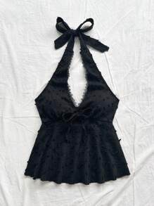 Soleia 女士节日针织波尔卡圆点纹理吊带前 V 领褶皱 A 字形吊带背心上衣，适合派对、约会、情人节、下午茶 - 黑色 - 查看 4