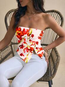 Studio Sense Mädchen-Kernkasual enges rotes Blumen-Muster trägerlos Crop Top für Damen, für Sommer, Urlaub, Ausgehen, Festival - Rosenrot - Übersicht 6