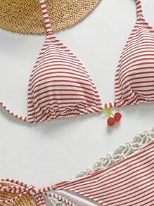 Swim Mod Women's Striped Cute Girl Style Bikini Set With Triangle Cup And Tie Top For Summer Beach Vacation - Red - View 5