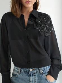 Maija Damen Schwarze Transparente Blumen Verzierte Knopfleiste Langarm Hemd Top, Sexy Design für Musikfestivals und Sommer, Geschäftskleidung für Frauen, Süße Sommer Oberteile für Brunch, Flughafen - Schwarz - Übersicht 5