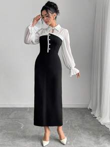 Modelyn Vestido largo de manga larga elegante con diseño de botones 2 en 1 para dama - Multicolor - Ver 9