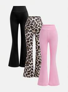 SHEIN Young Girls 3pcs Set Leopard Print Moisture Wicking & Sweat Absorbing Wide Leg Pants - Multicolor - View 1