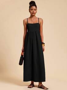 Travachic 女士优雅纯色长款吊带裙 - 黑色 - 查看 3