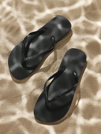 Glitter Material Black Flat Comfort High Elasticity Flip Flops, Suitable For Home, Beach, Holiday And Various Occasions
