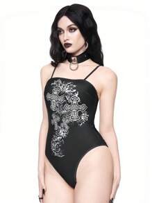 ROMWE Gothic Cross Print Detachable Strap One-Piece Swimsuit, Halloween - Black and White - View 4