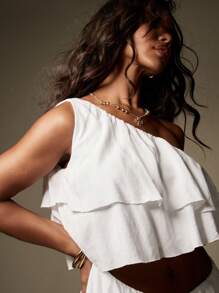 MISSGUIDED One Shoulder Ruffle Layered Summer Mini Dress Linen Feel Bohemian Festival Beach Pool Party Cut Out Midriff Resort Wear - White - View 3