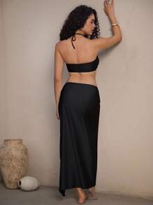 Swim Oasis 3 件套女士沙滩装 - 纯色吊带上衣、高腰下装和前开衩裙泳装套装 - 黑色 - 查看 3