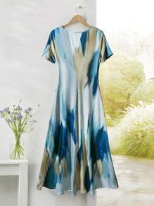 Rusticease Women's Elegant Abstract Tie Dye Pattern Long Knitted Dress With Pockets