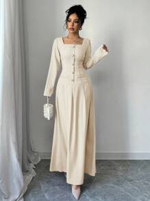 Elenzga Đầm nữ thanh lịch cổ vuông tay dài xếp ly eo, thu đông - Màu be - Xem 4