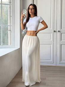 SHEIN Unity 2025 Women Spring/Summer Low Waist Comfortable Versatile Lightweight Mesh Solid Color Pleated Skirt - Apricot - View 5