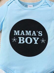 SHEIN Playful Pals Infant Baby Boys' Cute Letter Print Army Green Hat Bodysuit With Long Pants, Spring & Autumn - Multicolor - View 3